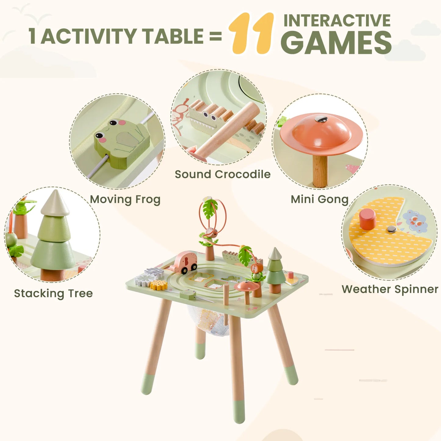 Tavolo da gioco in legno ROBUD 11 in 1 con tema foresta pluviale